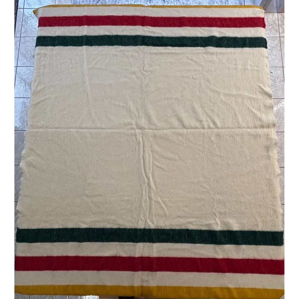 Hudson Bay Style Striped Blanket Multicolor Wool Satin Trim 50